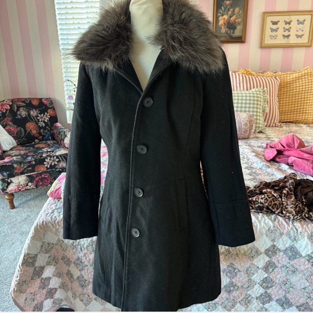 Banana Republic Black Pea Coat with Faux Fur Collar